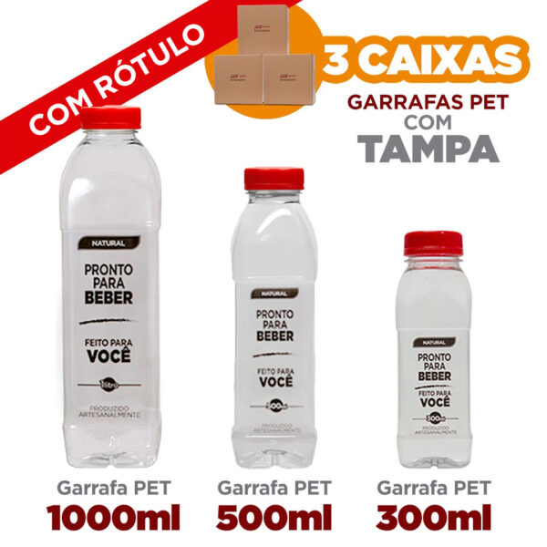 Combo Misto com Rótulo: 3 Caixas Garrafa Pet Quadrada Família C/ Tampa Rosca. 1 Cx. 300ml; 1 Cx. 500ml; 1 Cx. 1000ml;